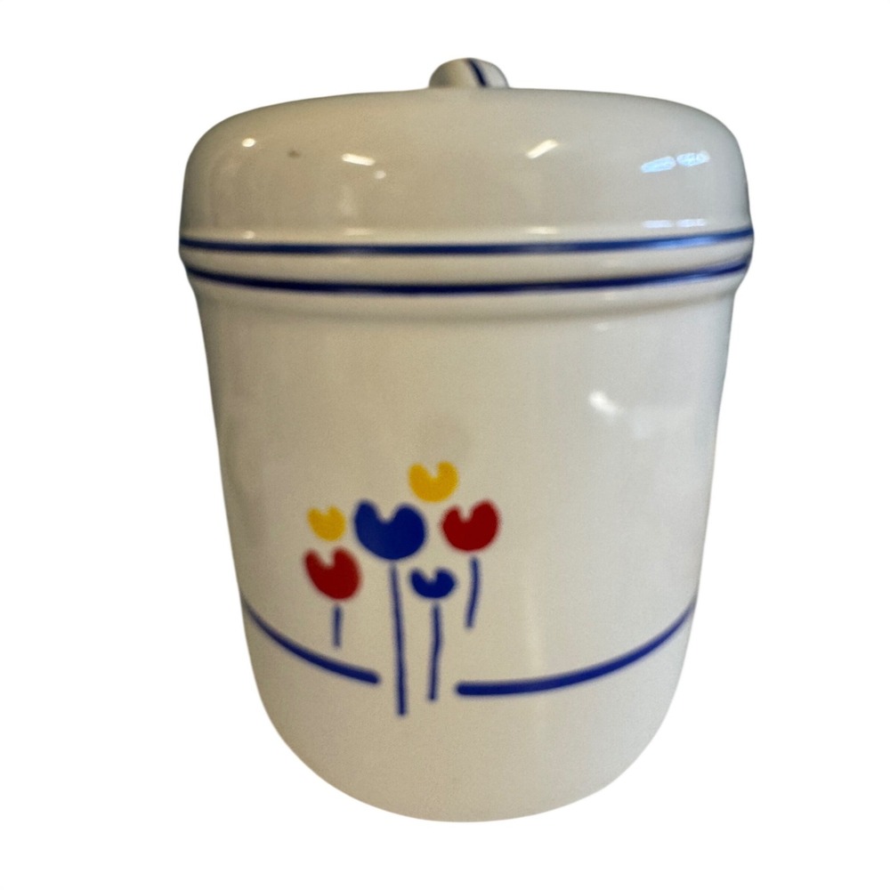 Vintage Riva Designs Tulips Ceramic Canister with Lid White Blue Red Japan MCM